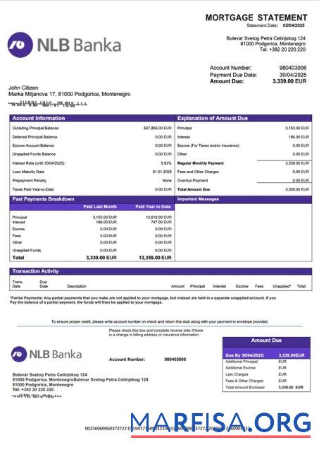 Bearbeitbar Montenegro NLB Banka Podgorica Hypothek Kontoauszug Word and PDF Vorlage
