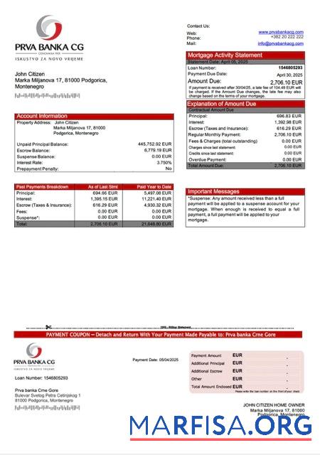Premium Montenegro Prva banka Crne Gore Hypothek Kontoauszug Word and PDF Vorlage