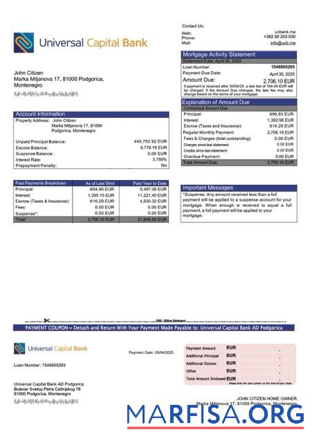 Bearbeitbar Montenegro Universal Capital Bank AD Podgorica Hypothek Kontoauszug Word and PDF Vorlage