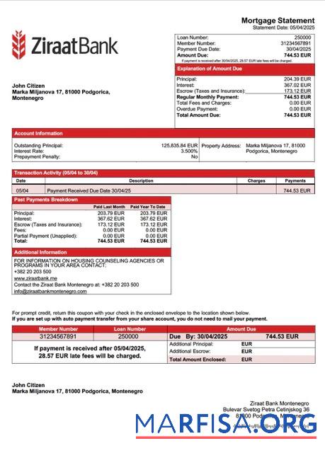 Bearbeitbar Montenegro Ziraat Bank Montenegro Hypothek Kontoauszug Word and PDF Vorlage
