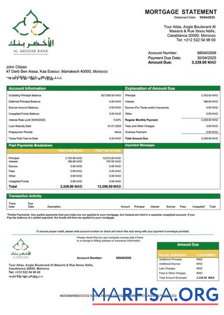 Professionell Marokko Al Akhdar Bank (AAB) Hypothek Kontoauszug Word and PDF Vorlage
