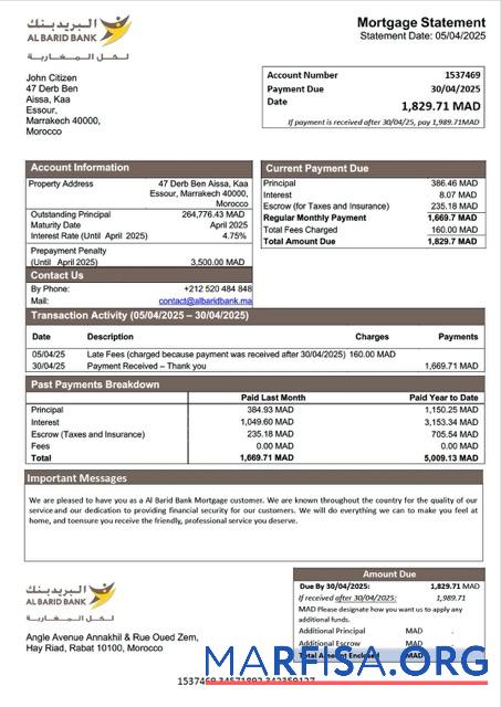 Hohe Qualität Marokko Al Barid Bank Hypothek Kontoauszug Word and PDF Vorlage
