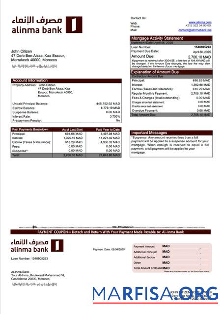 Professionell Marokko Al Inma Bank Hypothek Kontoauszug Word and PDF Vorlage