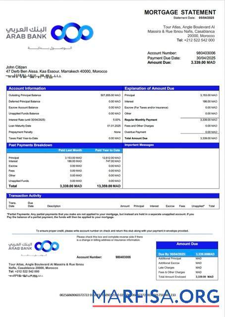 Bearbeitbar Marokko Arab Bank Hypothek Kontoauszug Word and PDF Vorlage