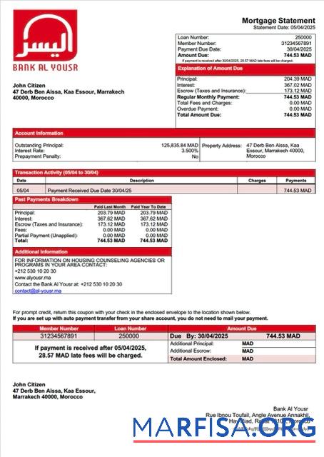 Professionell Marokko Bank Al Yousr Hypothek Kontoauszug Word and PDF Vorlage