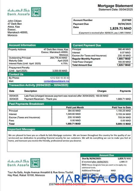 Realistisch Marokko Bank As Safa Hypothek Kontoauszug Word and PDF Vorlage