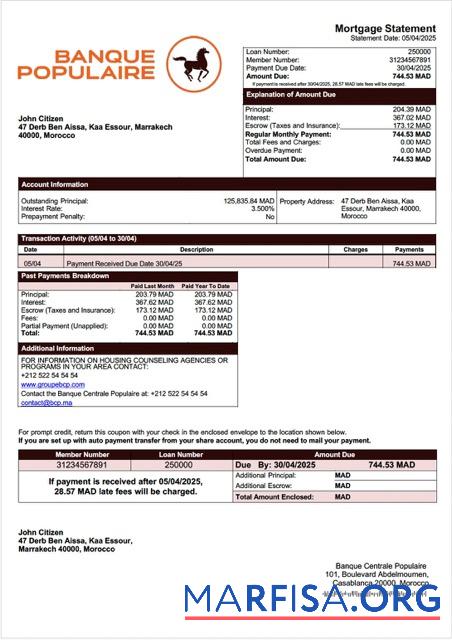Hohe Qualität Marokko Banque Centrale Populaire Hypothek Kontoauszug Word and PDF Vorlage