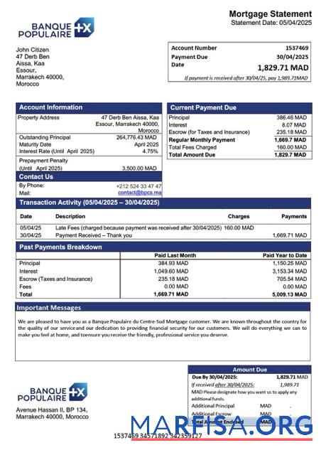 Professionell Marokko Banque Populaire du Centre Sud Hypothek Kontoauszug Word and PDF Vorlage