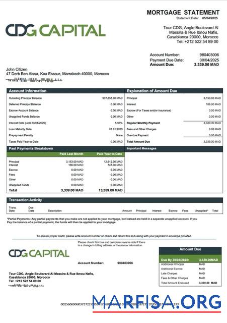 Bearbeitbar Marokko CDG Capital Hypothek Kontoauszug Word and PDF Vorlage