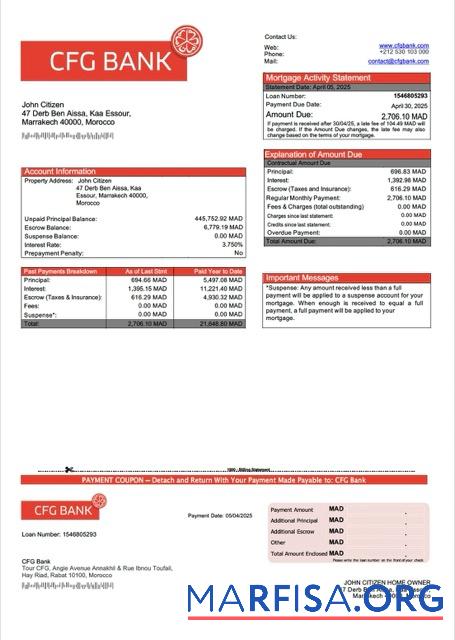 Professionell Marokko CFG Bank Hypothek Kontoauszug Word and PDF Vorlage