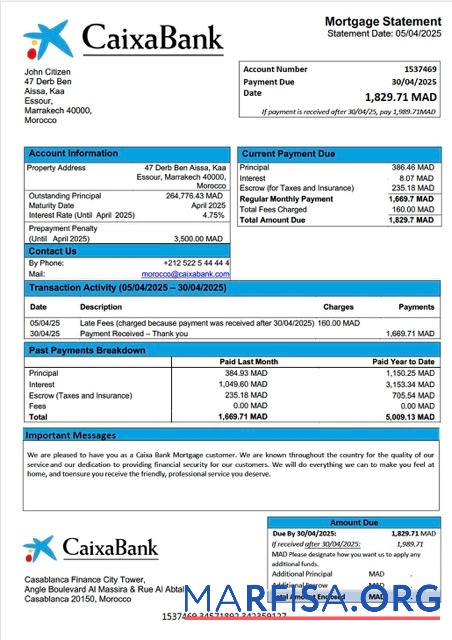 Bearbeitbar Marokko Caixa Bank Hypothek Kontoauszug Word and PDF Vorlage