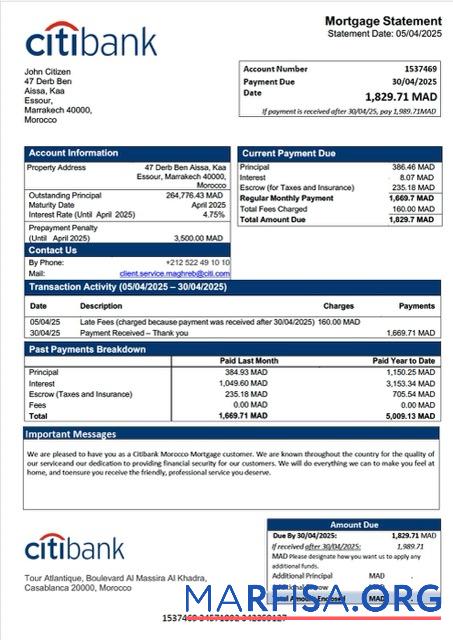 Premium Marokko Citibank Marokko Hypothek Kontoauszug Word and PDF Vorlage