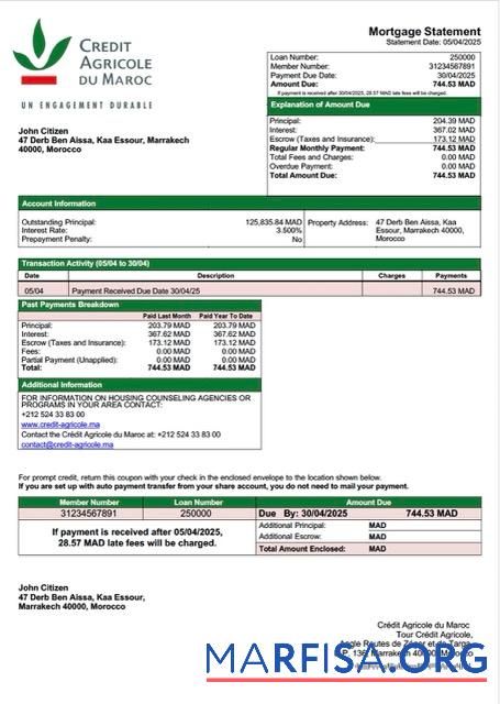 Bearbeitbar Marokko Cre╠üdit Agricole du Maroc Hypothek Kontoauszug Word and PDF Vorlage