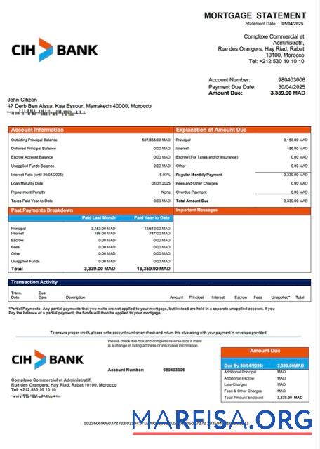 Realistisch Marokko Cre╠üdit Immobilier et Ho╠ételier Hypothek Kontoauszug Word and PDF Vorlage