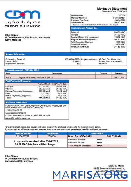Premium Marokko Cre╠üdit du Maroc Hypothek Kontoauszug Word and PDF Vorlage