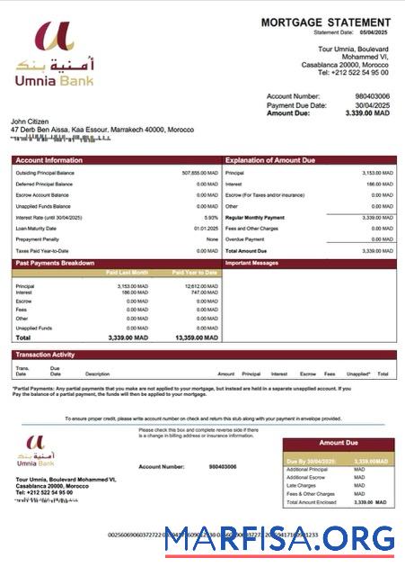 Hohe Qualität Marokko Umnia Bank Hypothek Kontoauszug Word and PDF Vorlage