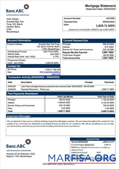 Premium Mosambik African Banking Corporation Hypothek Kontoauszug Word and PDF Vorlage