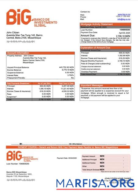 Premium Mosambik Banco BIG Moc╠ºambique┬áHypothek Kontoauszug Word and PDF Vorlage