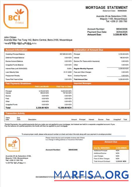 Realistisch Mosambik Banco Comercial e de Investimentos Hypothek Kontoauszug Word and PDF Vorlage