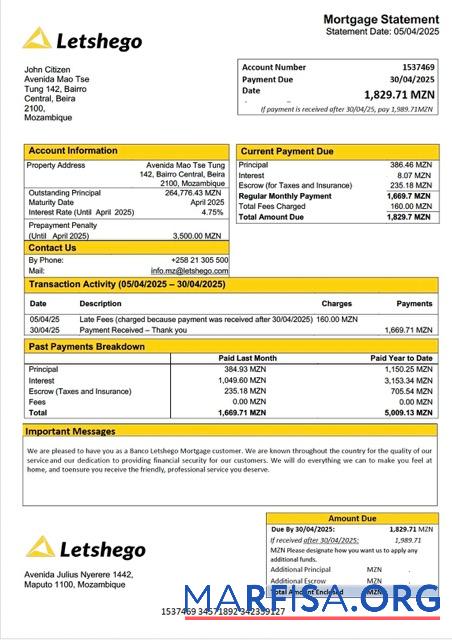 Hohe Qualität Mosambik Banco Letshego┬áHypothek Kontoauszug Word and PDF Vorlage