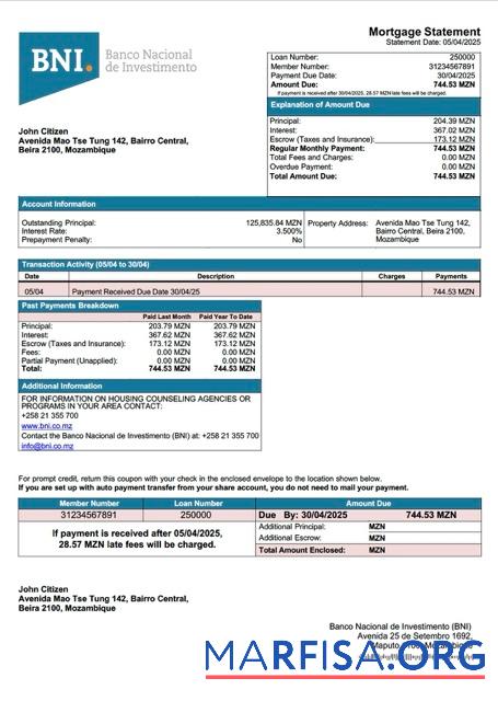 Hohe Qualität Mosambik Banco Nacional de Investimento (BNI)┬áHypothek Kontoauszug Word and PDF Vorlage