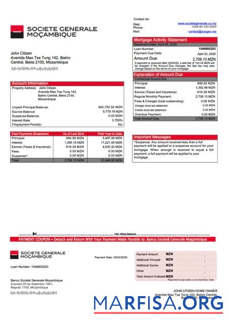Professionell Mosambik Banco Societe╠ü Generale Moc╠ºambique Hypothek Kontoauszug Word and PDF Vorlage