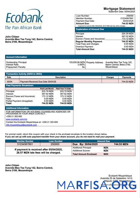 Hohe Qualität Mosambik Ecobank Moc╠ºambique┬áHypothek Kontoauszug Word and PDF Vorlage
