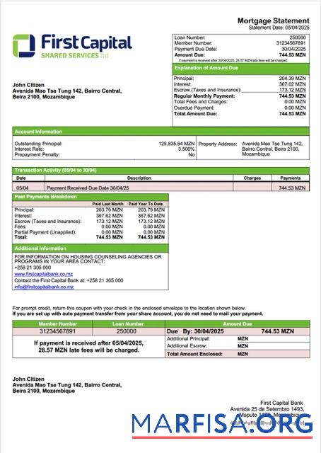 Bearbeitbar Mosambik First Capital Bank Hypothek Kontoauszug Word and PDF Vorlage