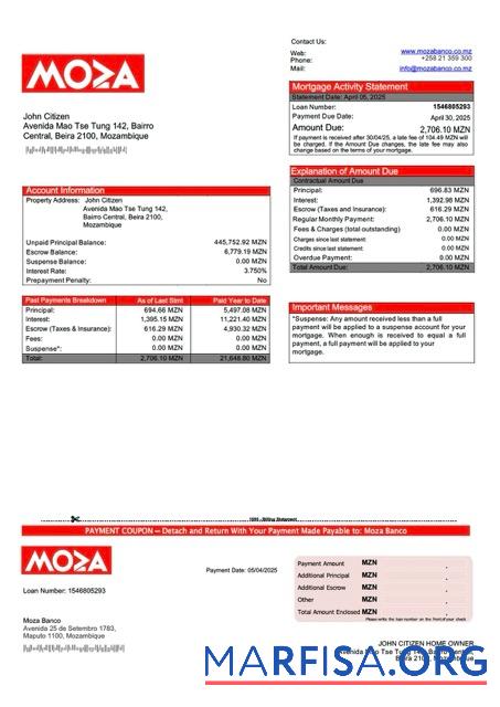 Premium Mosambik Moza Banco┬áHypothek Kontoauszug Word and PDF Vorlage