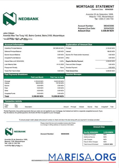Bearbeitbar Mosambik Nedbank Moc╠ºambique┬áHypothek Kontoauszug Word and PDF Vorlage