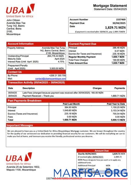Realistisch Mosambik United Bank for Africa Moc╠ºambique┬áHypothek Kontoauszug Word and PDF Vorlage