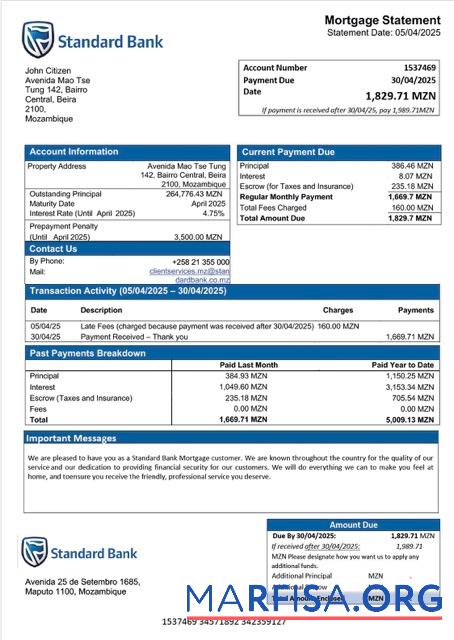 Professionell Mosambik┬áStandard Bank Hypothek Kontoauszug Word and PDF Vorlage