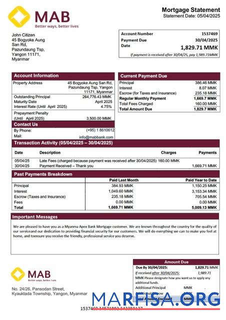 Hohe Qualität Myanma Apex Bank Hypothek Kontoauszug Word and PDF Vorlage