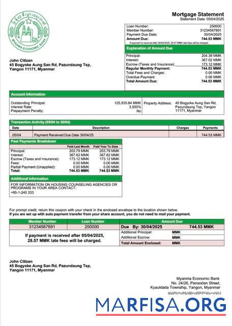Professionell Myanma Economic Bank Hypothek Kontoauszug Word and PDF Vorlage