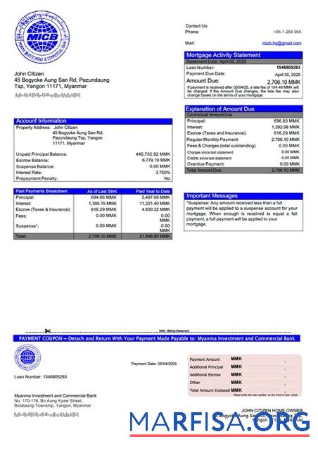 Realistisch Myanma Investition and Kommerziell Bank Hypothek Kontoauszug Word and PDF Vorlage