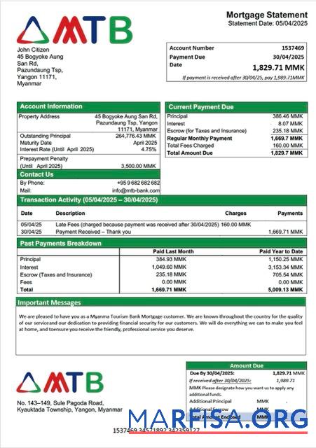 Premium Myanma Tourism Bank Hypothek Kontoauszug Word and PDF Vorlage