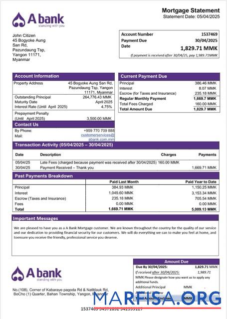 Hohe Qualität Myanmar A Bank Hypothek Kontoauszug Word and PDF Vorlage