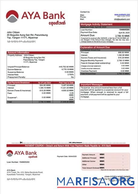 Premium Myanmar AYA Bank Hypothek Kontoauszug Word and PDF Vorlage