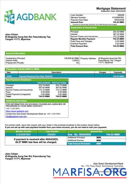Realistisch Myanmar Asia Grün Development (AGD) Bank Hypothek Kontoauszug Word and PDF Vorlage