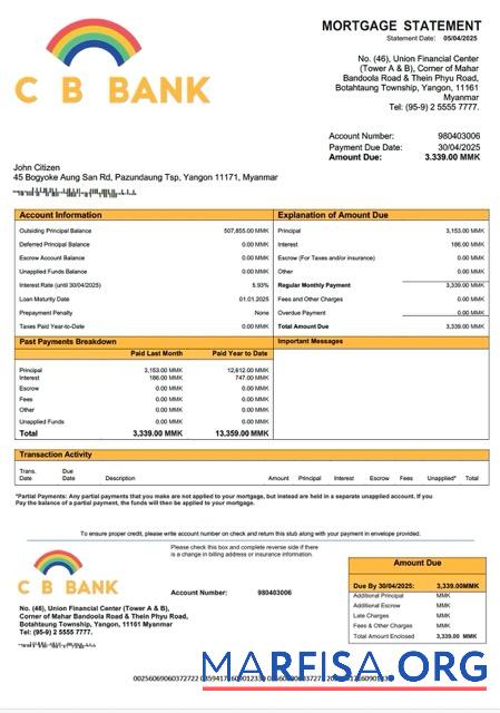 Bearbeitbar Myanmar CB Bank Hypothek Kontoauszug Word and PDF Vorlage