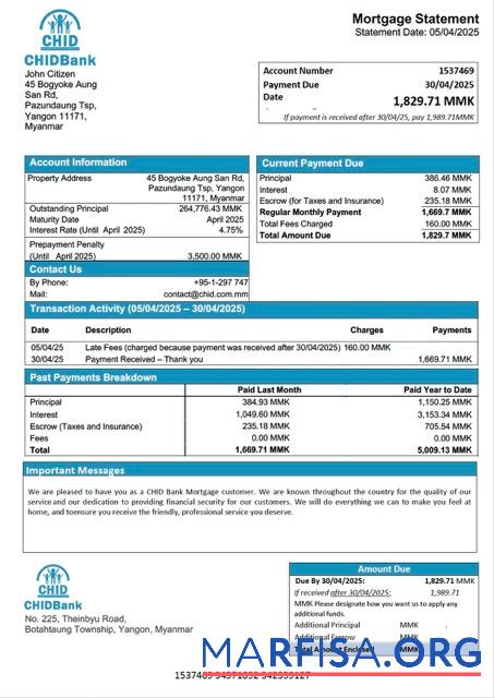 Hohe Qualität Myanmar CHID Bank Hypothek Kontoauszug Word and PDF Vorlage