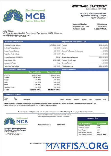 Bearbeitbar Myanmar Citizens Bank Hypothek Kontoauszug Word and PDF Vorlage