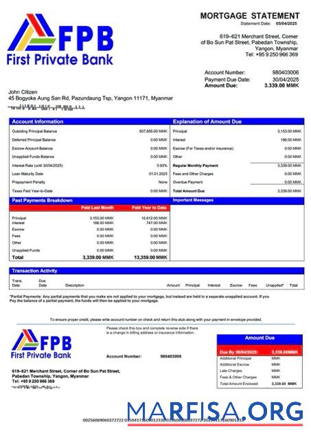 Bearbeitbar Myanmar First Private Bank Hypothek Kontoauszug Word and PDF Vorlage