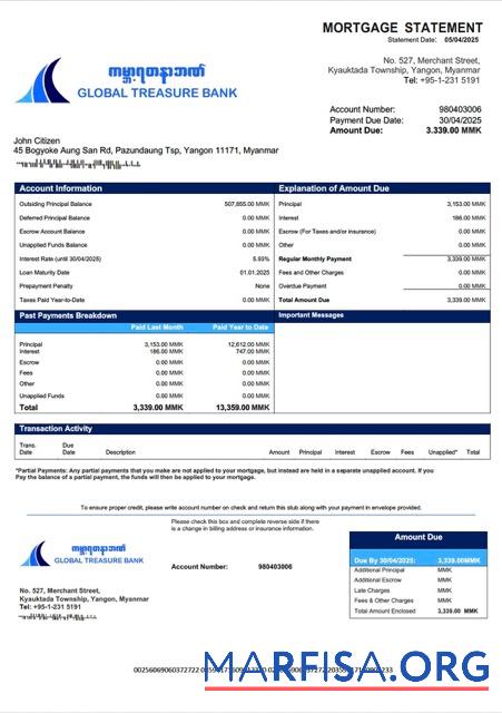 Hohe Qualität Myanmar Global Treasure Bank Hypothek Kontoauszug Word and PDF Vorlage