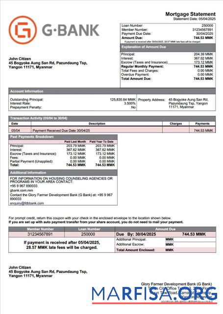 Professionell Myanmar Glory Farmer Development Bank (G Bank) Hypothek Kontoauszug Word and PDF Vorlage