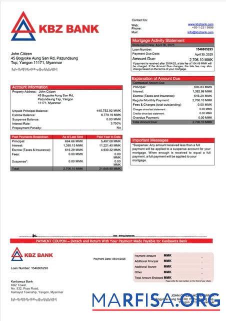 Professionell Myanmar Kanbawza Bank Hypothek Kontoauszug Word and PDF Vorlage