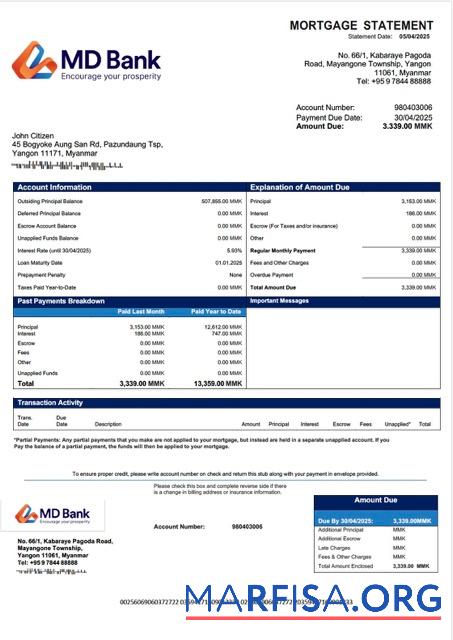 Premium Myanmar MD Bank Hypothek Kontoauszug Word and PDF Vorlage