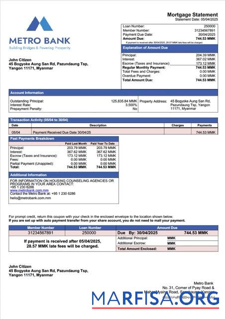 Realistisch Myanmar Metro Bank Hypothek Kontoauszug Word and PDF Vorlage