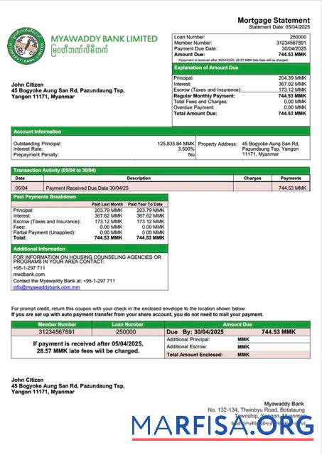 Bearbeitbar Myanmar Myawaddy Bank Hypothek Kontoauszug Word and PDF Vorlage