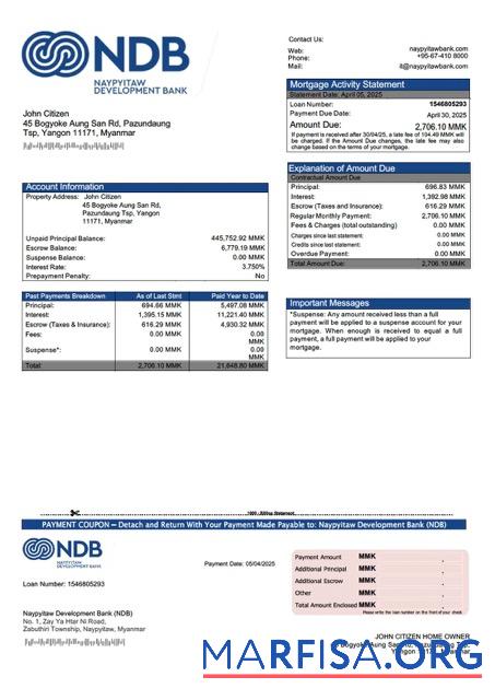 Bearbeitbar Myanmar Naypyitaw Development Bank (NDB) Hypothek Kontoauszug Word and PDF Vorlage
